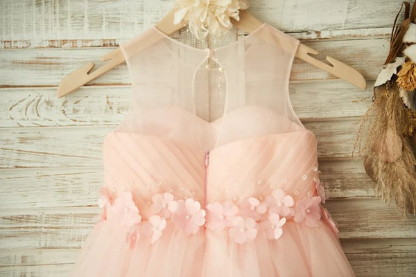 Round Sleeveless Floral Appliques Tulle A-Line Flower Girl Dress