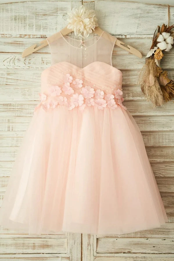 Round Sleeveless Floral Appliques Tulle A-Line Flower Girl Dress
