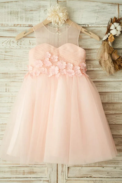 Round Sleeveless Floral Appliques Tulle A-Line Flower Girl Dress