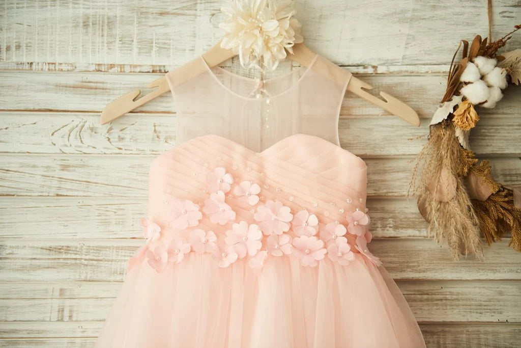 Round Sleeveless Floral Appliques Tulle A-Line Flower Girl Dress