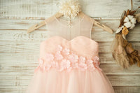 Round Sleeveless Floral Appliques Tulle A-Line Flower Girl Dress