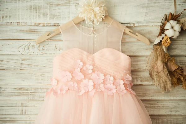 Round Sleeveless Floral Appliques Tulle A-Line Flower Girl Dress