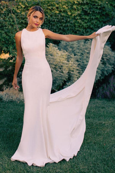 Round Sleeveless Open Back Satin Mermaid Wedding Dress With Train