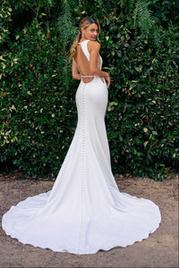 Round Sleeveless Open Back Satin Mermaid Wedding Dress With Train