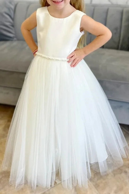 Round V-Back Sleeveless A-Line Long Flower Girl Dress