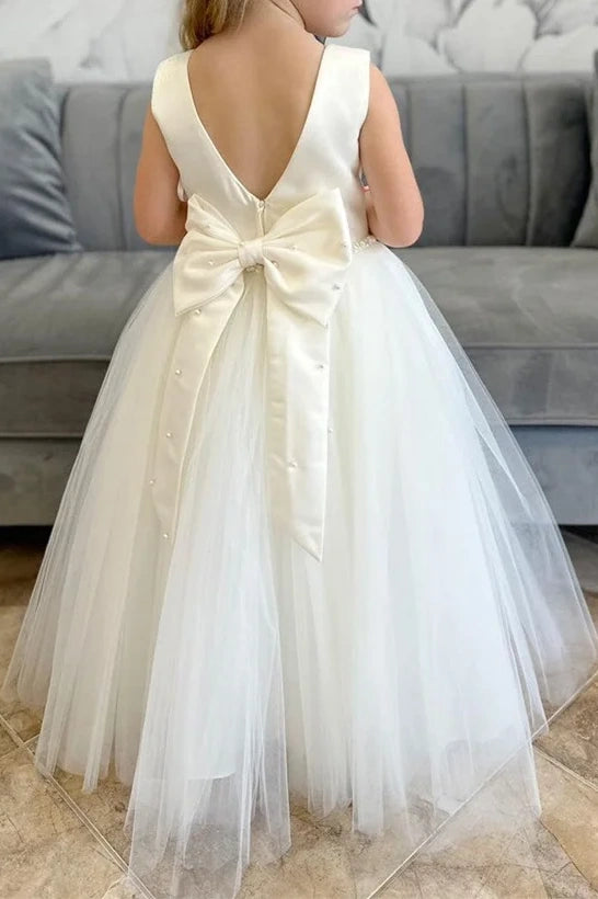 Round V-Back Sleeveless A-Line Long Flower Girl Dress