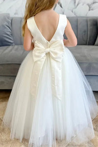 Round V-Back Sleeveless A-Line Long Flower Girl Dress