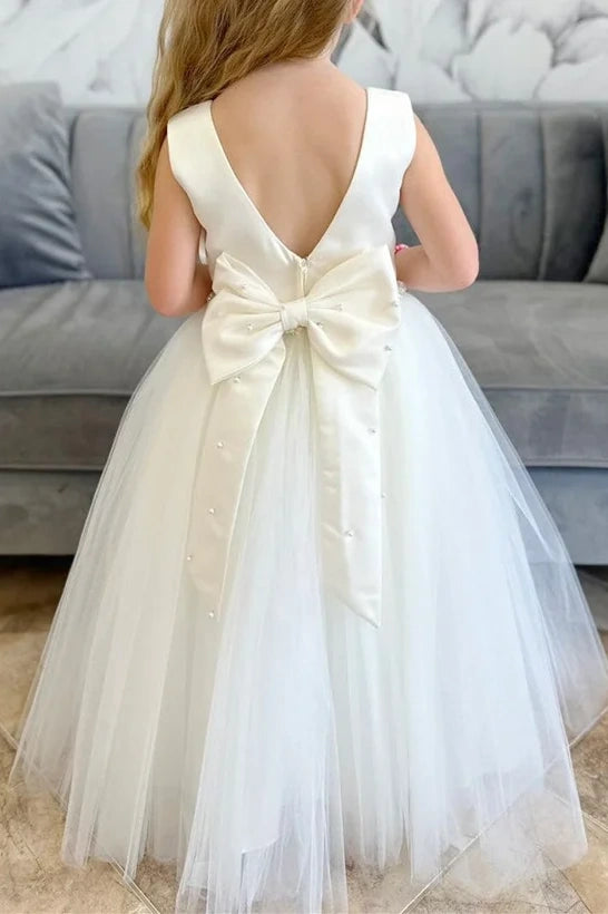 Round V-Back Sleeveless A-Line Long Flower Girl Dress