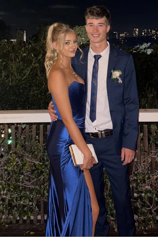 Royal Blue V-Neck Strapless Empire Satin Mermaid Party Prom Dress