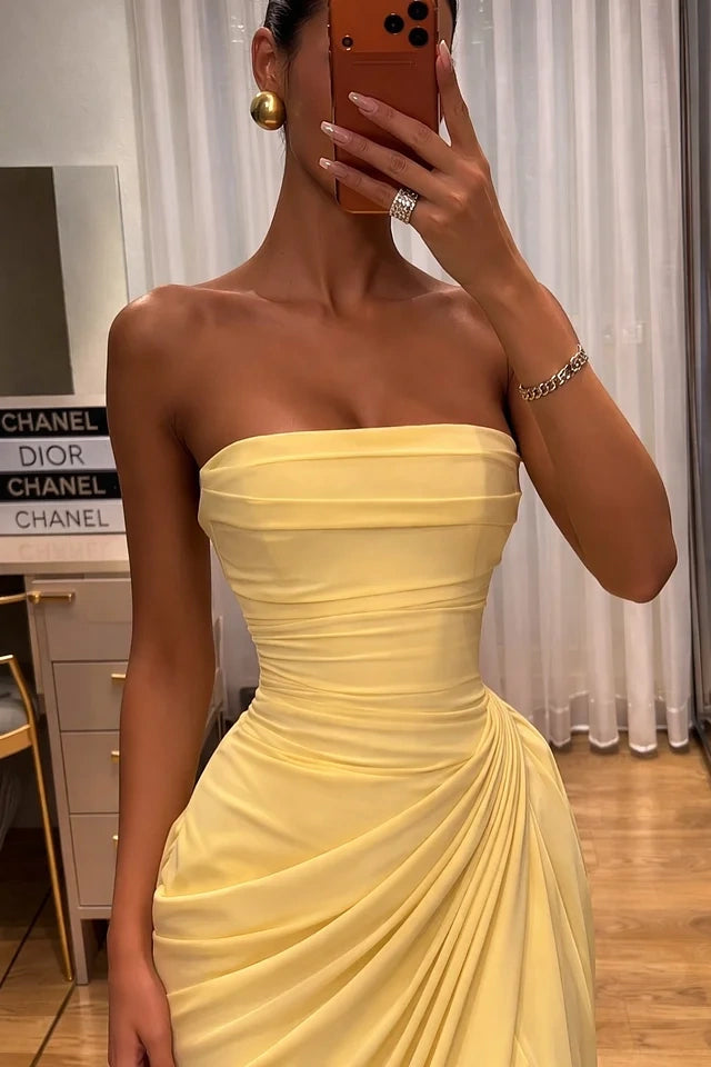 Ruched Empire Strapless Strapless Party Prom Dress With Leg Slit