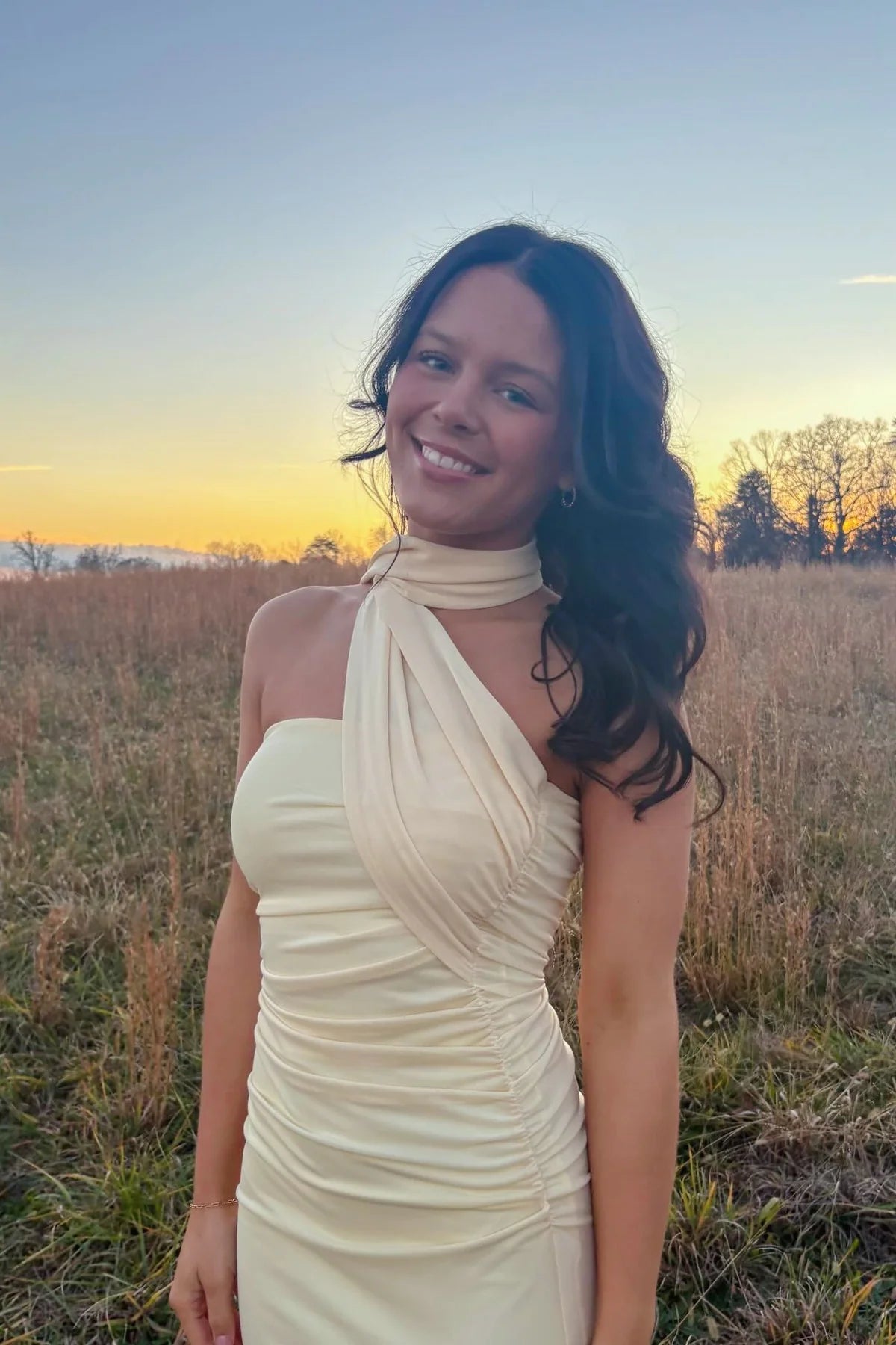 Ruched Satin High Neck Sleeveless Sheath Party Prom Dress