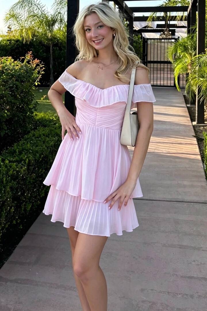 Ruffle Off-Shoulder A-Line Chiffon Pleated Tiered Homecoming Dress