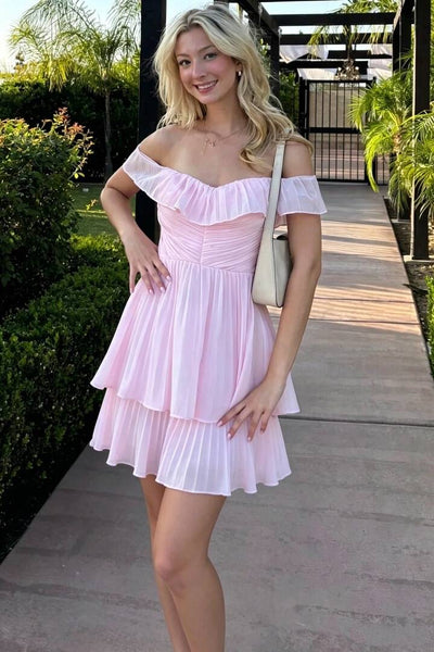 Ruffle Off-Shoulder A-Line Chiffon Pleated Tiered Homecoming Dress