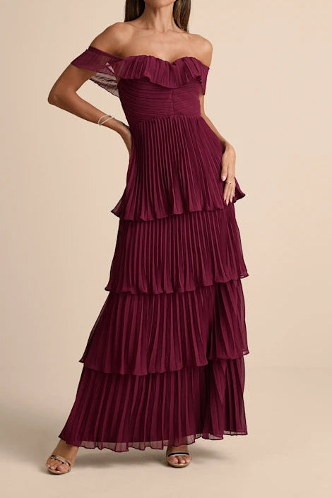Ruffle Off-Shoulder A-Line Tiered Pleated Party Prom Dress