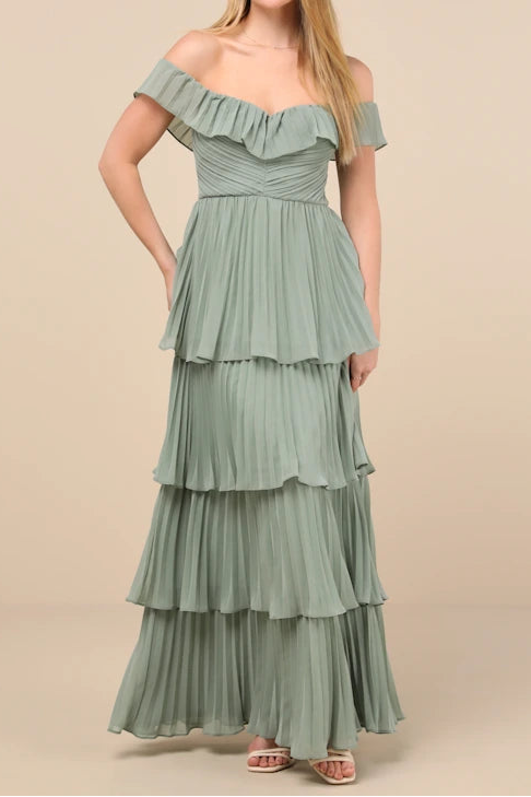 Ruffle Off-Shoulder A-Line Tiered Pleated Party Prom Dress