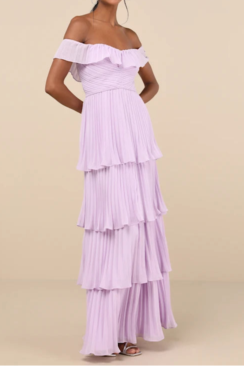 Ruffle Off-Shoulder A-Line Tiered Pleated Party Prom Dress