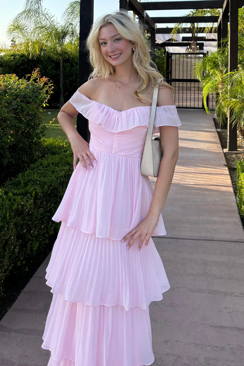 Ruffle Off-Shoulder A-Line Tiered Pleated Party Prom Dress