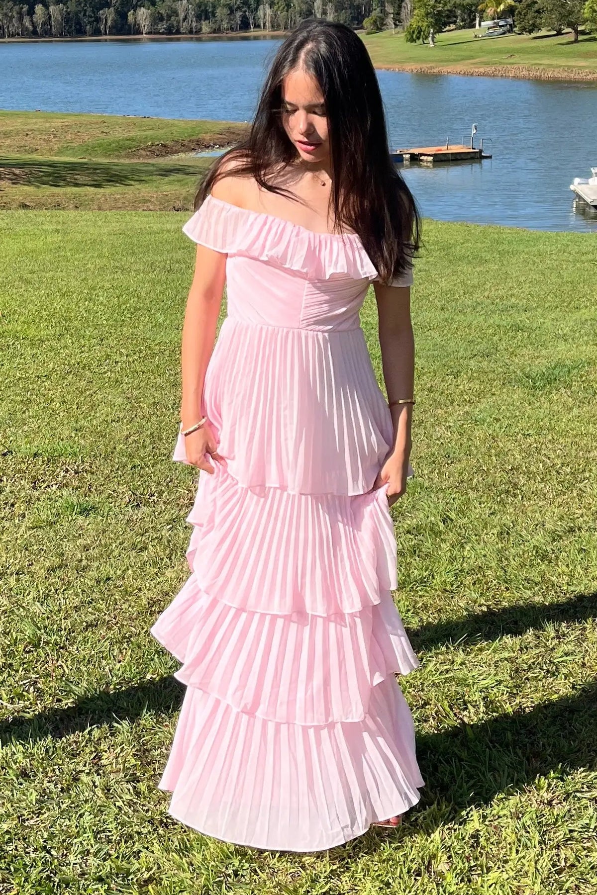 Ruffle Off-Shoulder A-Line Tiered Pleated Party Prom Dress