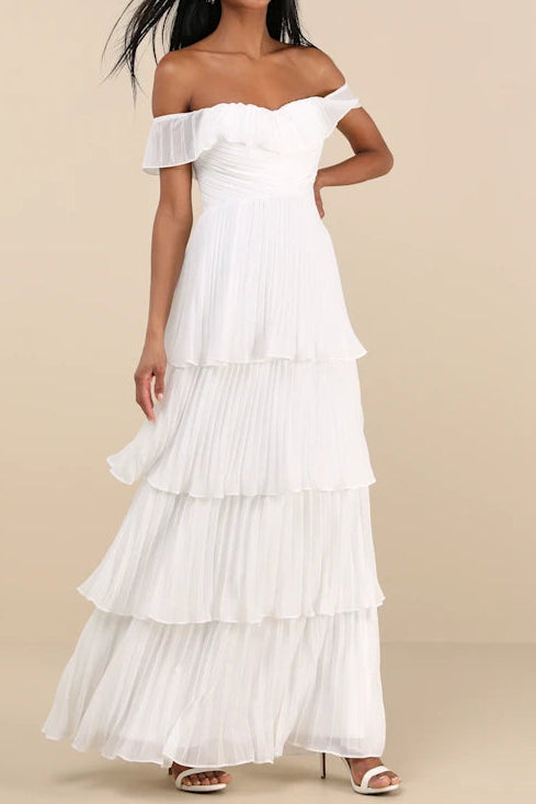Ruffle Off-Shoulder A-Line Tiered Pleated Party Prom Dress
