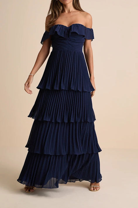 Ruffle Off-Shoulder A-Line Tiered Pleated Party Prom Dress