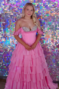 Ruffle Off-Shoulder Beaded Top Chiffon A-Line Tiered Party Prom Dress