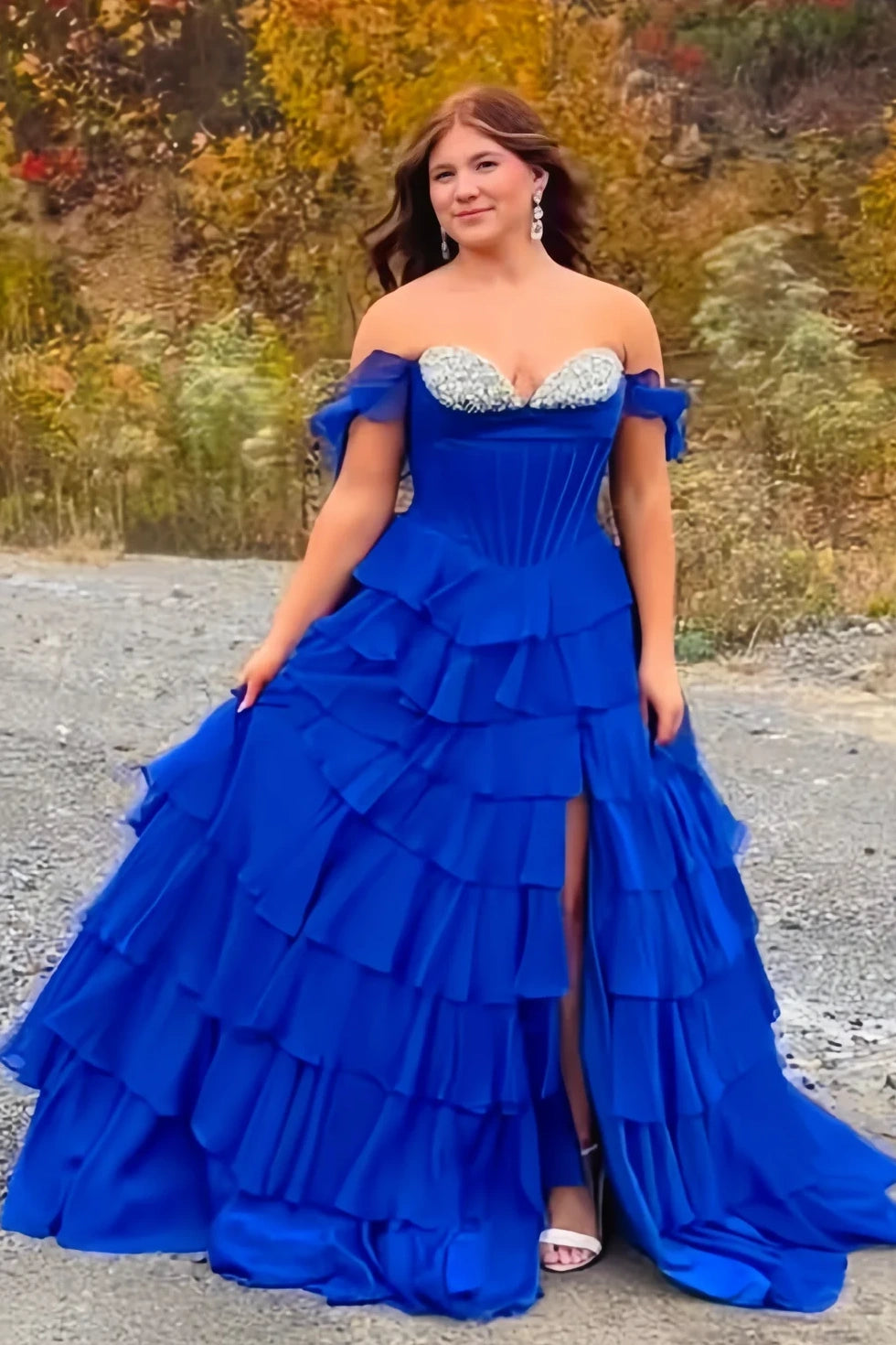 Ruffle Off-Shoulder Beaded Top Chiffon A-Line Tiered Party Prom Dress