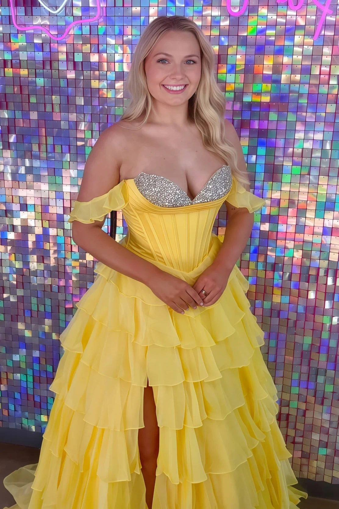 Ruffle Off-Shoulder Beaded Top Chiffon A-Line Tiered Party Prom Dress