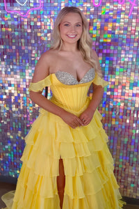 Ruffle Off-Shoulder Beaded Top Chiffon A-Line Tiered Party Prom Dress