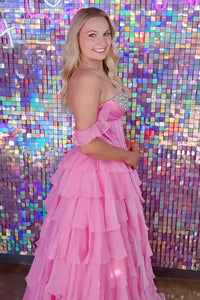 Ruffle Off-Shoulder Beaded Top Chiffon A-Line Tiered Party Prom Dress