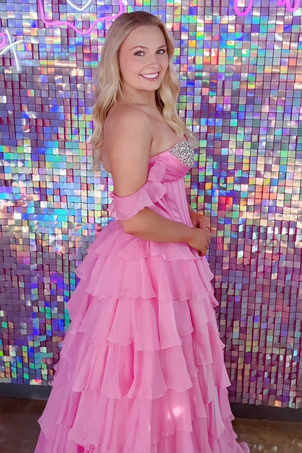 Ruffle Off-Shoulder Beaded Top Chiffon A-Line Tiered Party Prom Dress