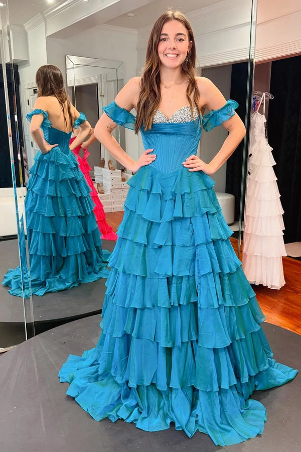 Ruffle Off-Shoulder Beaded Top Chiffon A-Line Tiered Party Prom Dress