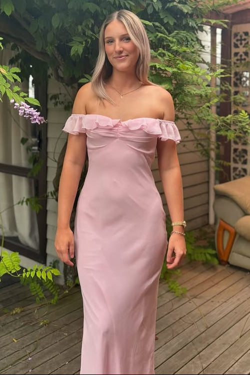 Ruffle Off-Shoulder Chiffon Maxi Fitted Party Prom Dress 