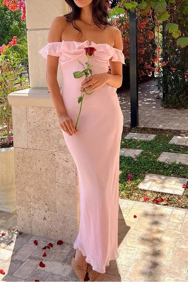 Ruffle Off-Shoulder Chiffon Maxi Fitted Party Prom Dress 