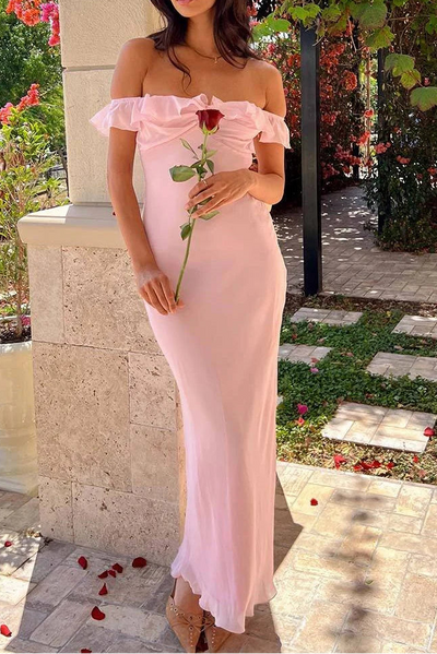 Ruffle Off-Shoulder Chiffon Maxi Fitted Party Prom Dress 