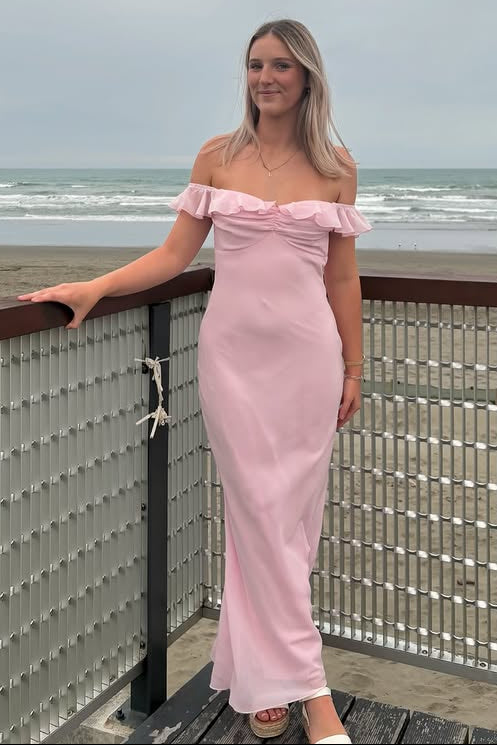 Ruffle Off-Shoulder Chiffon Maxi Fitted Party Prom Dress 