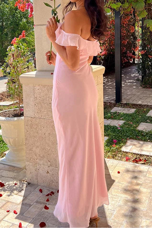 Ruffle Off-Shoulder Chiffon Maxi Fitted Party Prom Dress 