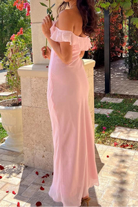 Ruffle Off-Shoulder Chiffon Maxi Fitted Party Prom Dress 