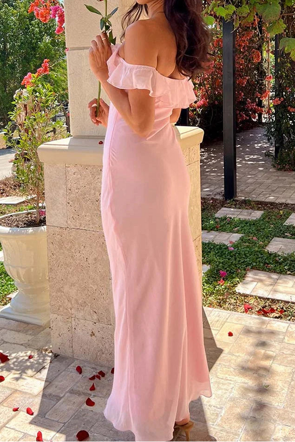 Ruffle Off-Shoulder Chiffon Maxi Fitted Party Prom Dress 