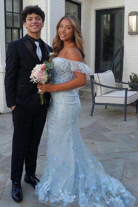 Ruffle Off-Shoulder Mermaid Lace Floral Appliques Party Prom Dress