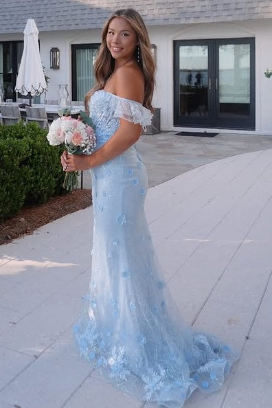 Ruffle Off-Shoulder Mermaid Lace Floral Appliques Party Prom Dress