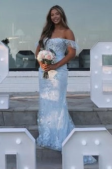 Ruffle Off-Shoulder Mermaid Lace Floral Appliques Party Prom Dress