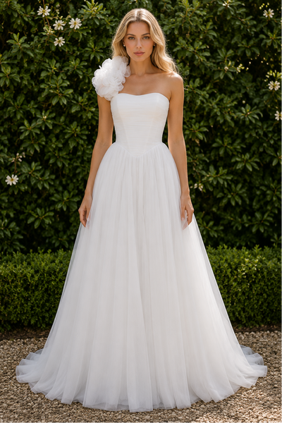 Ruffle One Shoulder Sleeveless Chiffon A-Line Summer Wedding Dress
