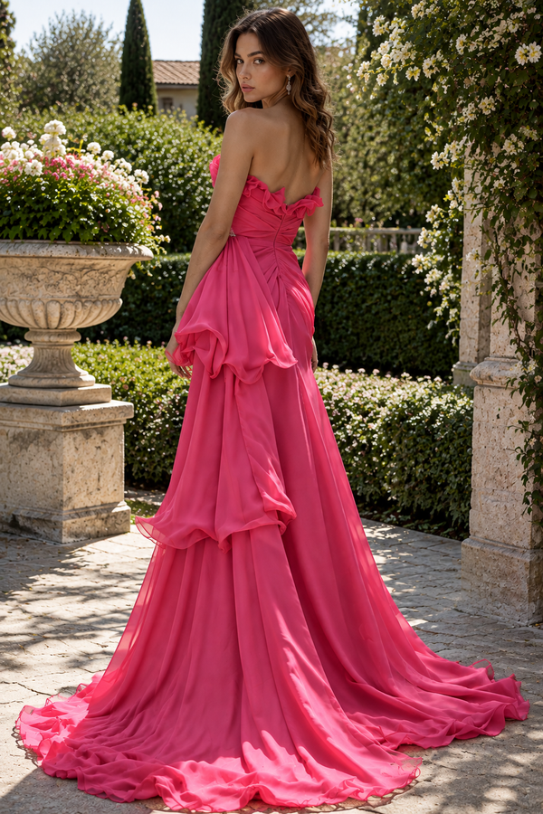 Ruffle Strapless Chiffon Empire Party Prom Dress With Tiered Train