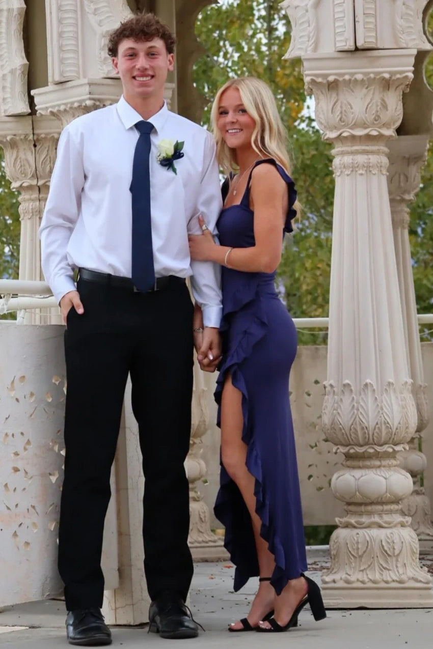 Ruffle Straps Fitted Square Satin Party Prom Dress With Leg Slit