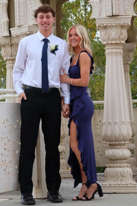Ruffle Straps Fitted Square Satin Party Prom Dress With Leg Slit