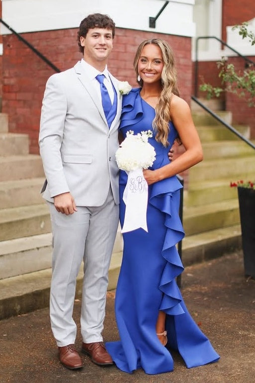 Ruffle Straps Mermaid Satin One Shoulder Sleeveless Split Party Prom Dress