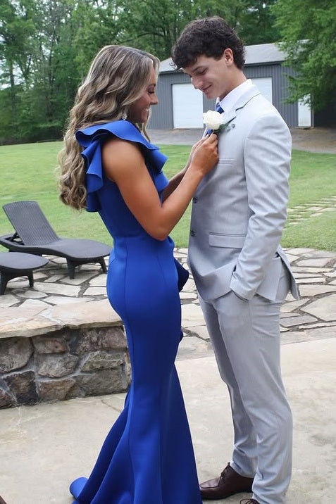 Ruffle Straps Mermaid Satin One Shoulder Sleeveless Split Party Prom Dress