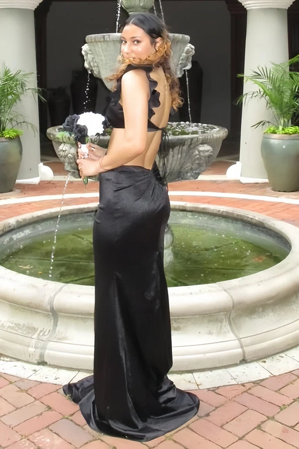 Ruffle Straps Satin Mermaid Two Piece Party Prom Dress