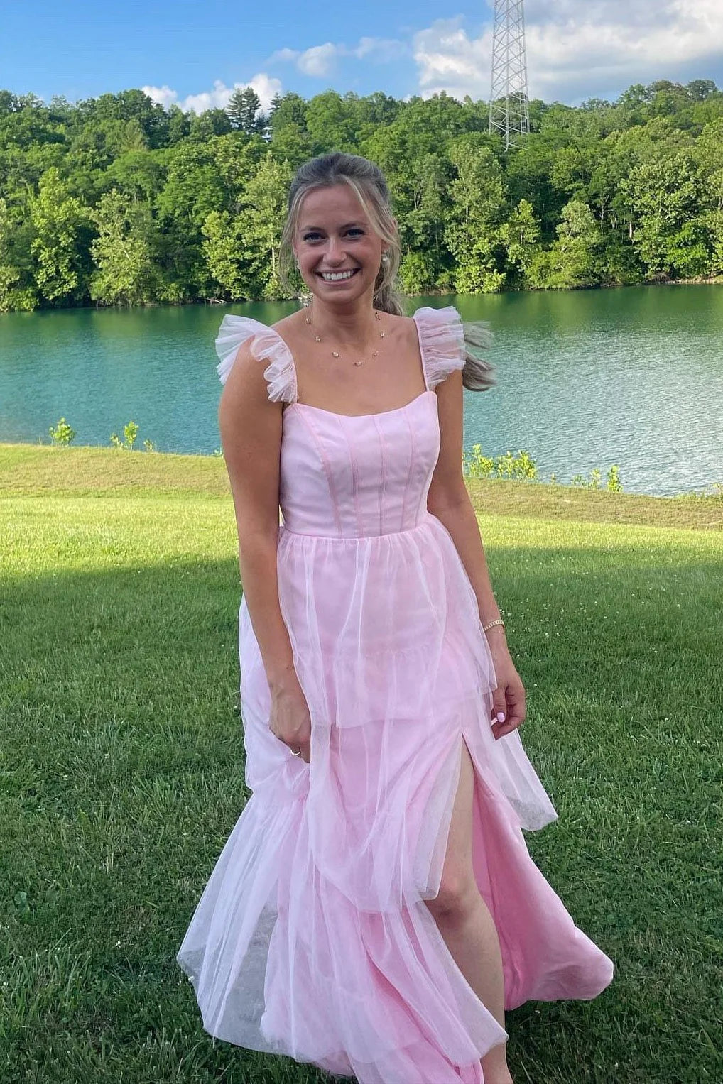 Ruffle Straps Tulle A-Line High Waist Split Bridesmaid Dress