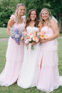 Ruffle Straps Tulle A-Line High Waist Split Bridesmaid Dress